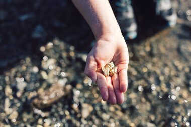 Eine Kinderhand hält mehrere goldglänzende Steine oder Nuggets, gefunden beim Goldwaschen in einem klaren Bergbach in Gargellen. Im Hintergrund glitzert das Wasser in der Sonne. | © Gargellner Bergbahnen GmbH & Co KG, Daniel Zangerl